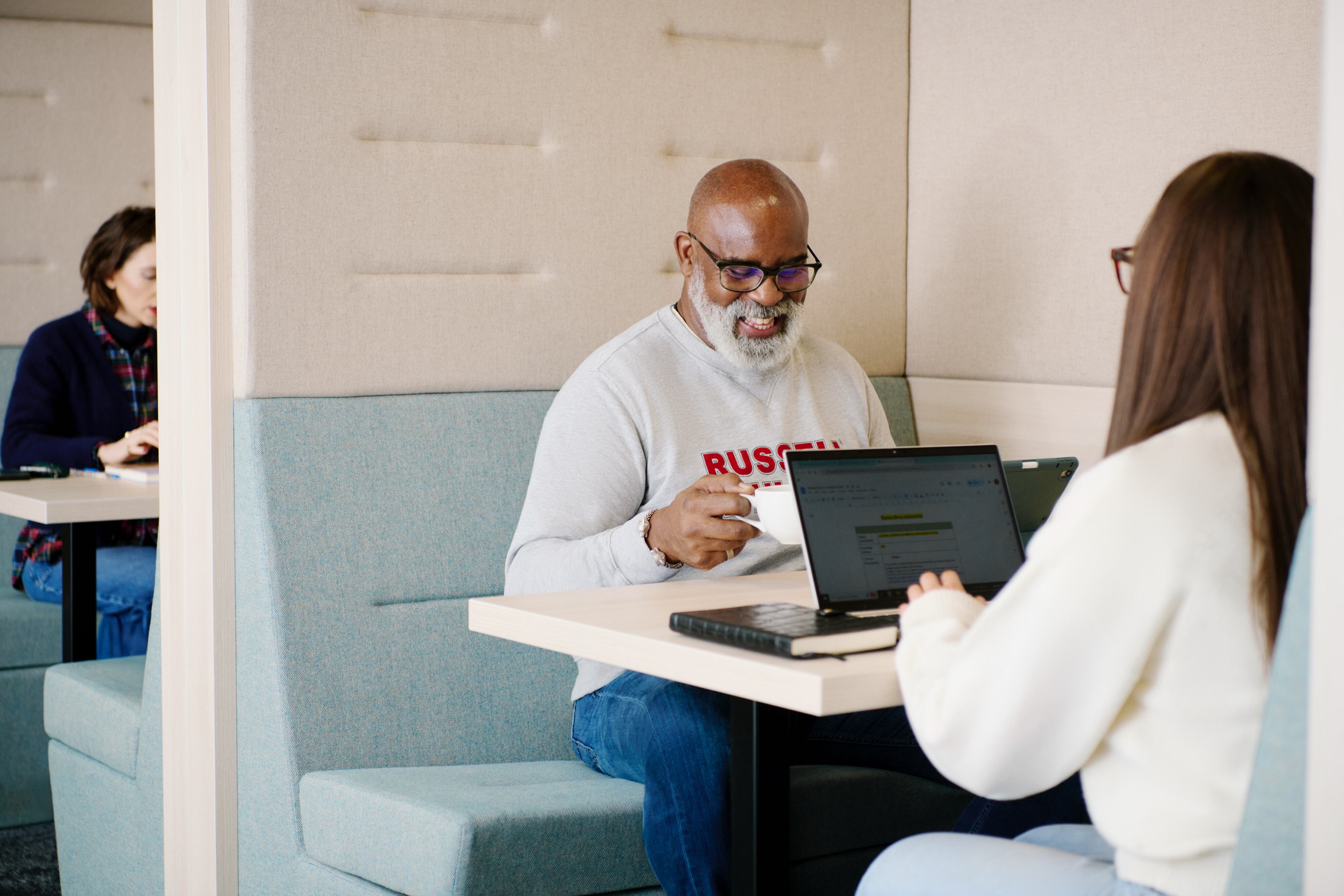 a man having a conversation with a woman